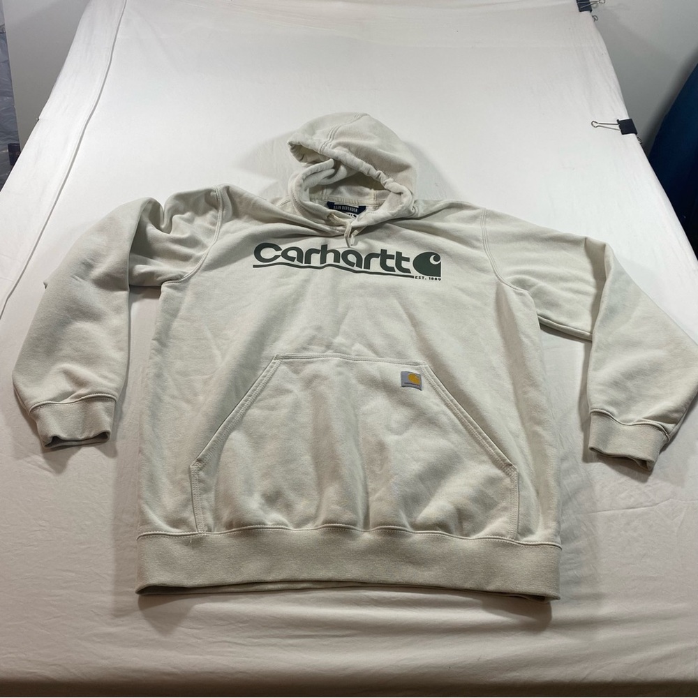 Carhartt Cream Pullover Hoodie Sweatshirt Sweater kangaroo pockets with Logo